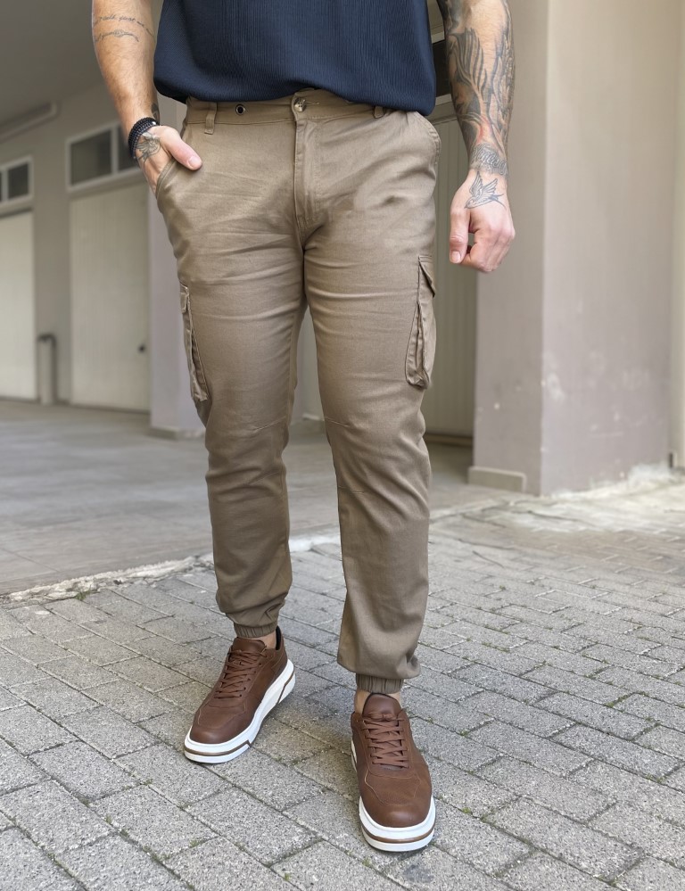 Ανδρικό cargo καφέ παντελόνι υφασμάτινο με λάστιχο BC51201B φωτογραφία